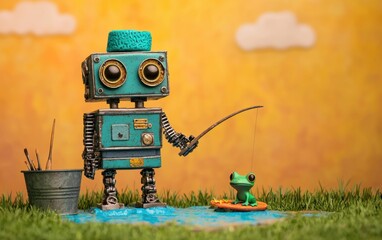 Obraz premium Playful Robot Fishing with Green Frog on Colorful Background