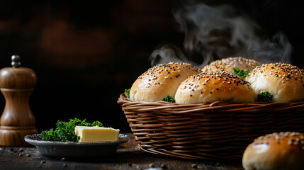 A close-up of a wicker basket reveals steaming bread rolls adorned with seeds, while a wooden table displays a small plate of butter, sprigs of parsley, and a traditional pepper gr