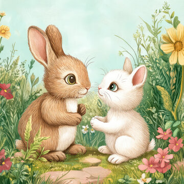 Cute Bunny and Kitten Adventure in a Magical Pastel Wonderland for Toddlers 