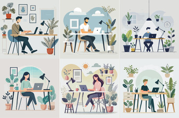 A person working from home on a laptop, sitting at a simple desk with plants and coffee cup, with a bright white background