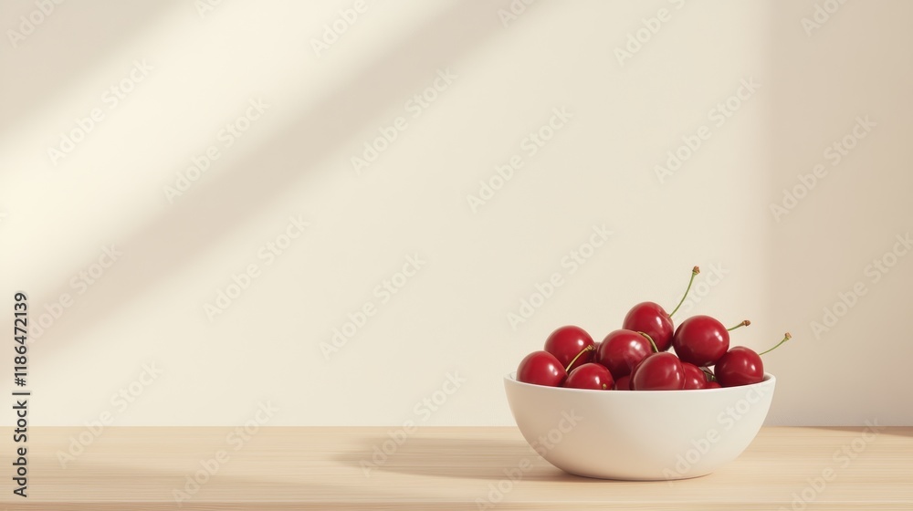 Poster Ripe red cherries with stems are overflowing a white bowl that sits on a light wooden table against a cream colored wall with soft shadows cast upon it, creating a simple yet elegant composition