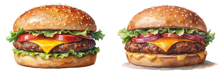 Colorful watercolor burgers, fresh ingredients, appetizing presentation, fast food style, delicious meal idea.