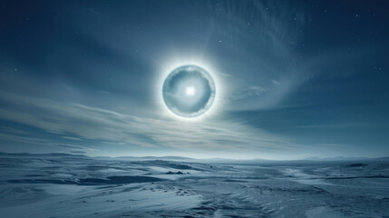 A full moon on the winter solstice surrounded by a halo of icy clouds