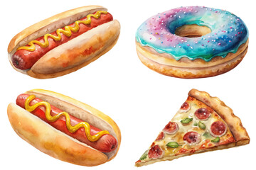 Colorful food illustrations, watercolor style, hot dogs, donuts, pizza slices, vibrant colors, appealing design.