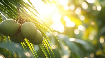 Sunlit green coconuts on palm tree branch.