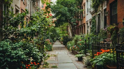 Naklejka premium A serene urban garden path lined with vibrant flowers and lush greenery.