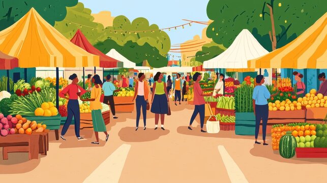 Colorful illustration of a vibrant farmers market scene with shoppers and fresh produce stalls illustration