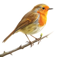 Fototapeta premium A realistic small bird with transparent orange and yellow feathers, blending harmoniously as light passes through them. The bird sits on a thin twig, its intricate plumage and soft reflections standin