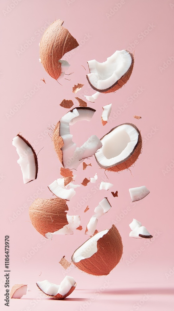 Poster Several pieces of open coconut are levitating, creating an unusual and artistic composition on a vibrant pink backdrop, ideal for showcasing concepts related to food, health, and tropical vibes