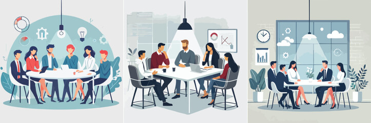 a team sitting around a table in a meeting room, discussing ideas, with a white background