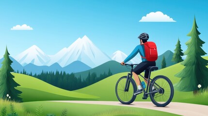 Fototapeta premium Scenic Mountain Landscape with Cyclist Riding on Path among Lush Greenery and Trees under Blue Sky