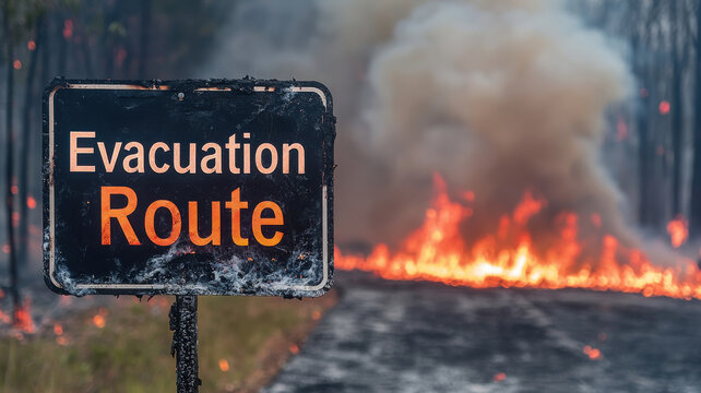 Visual Representations of Wildfire Devastation Theme, Evacuation route sign near wildfire, highlighting urgent safety measures