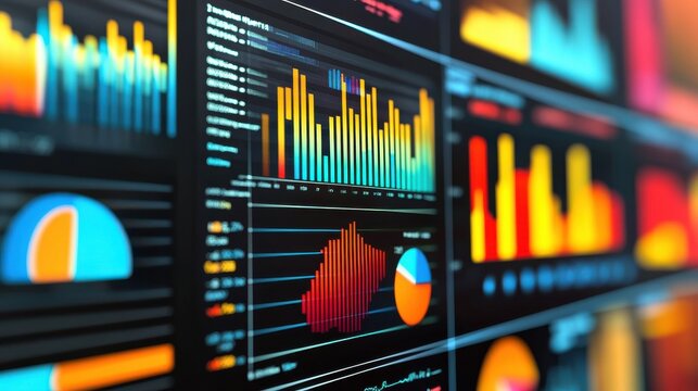 A colorful, 3D illustration depicting a computer screen with charts and graphs, emphasizing data analysis and marketing statistics. illustration