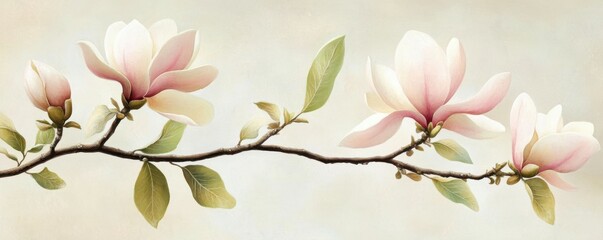 Fototapeta premium Pink and white magnolia flowers on a delicate branch with green leaves against a soft, neutral background, showcasing their natural beauty and elegance in floral
