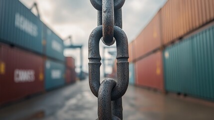 Naklejka premium Chain of Global Trade: A close-up view of a strong, industrial chain with a blurred background of shipping containers, symbolizing the interconnectedness of global commerce.