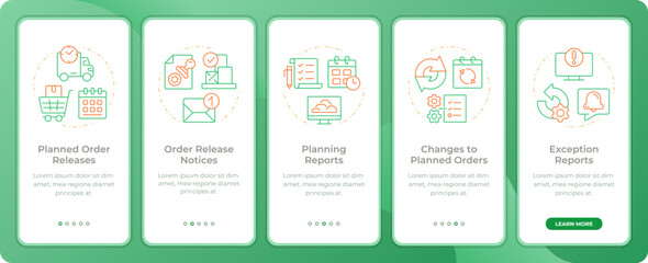 MRP outputs app onboarding screens. Manufacturing planning. Duo tone vector illustration. UI design flow. 5 steps walkthrough mobile interface slide layout. Montserrat SemiBold, Regular fonts used