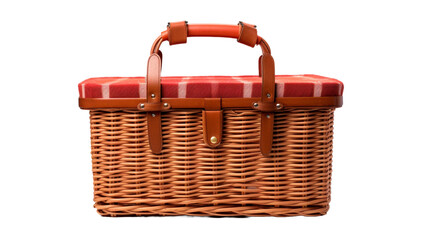 Wicker rattan basket for picnic isolated on transparent PNG.

