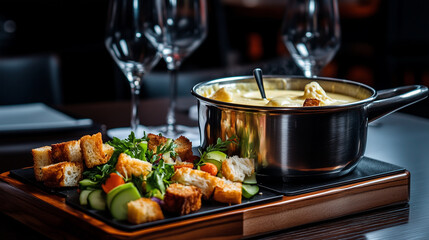 A luxurious cheese fondue experience featuring a pot of silky melted cheese, accompanied by bread croutons and vegetables artfully displayed on a wooden platter.