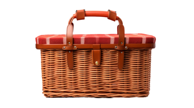 Wicker rattan basket for picnic isolated on transparent PNG.

