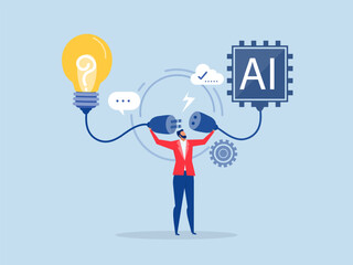 businessman connect plug with lightbulb idea to ai Artificial Intelligence. or processing chip into human brain with Light bulb development innovation concept vector