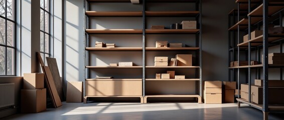 Modern Warehouse Interior With Organized Shelving and Storage Boxes
