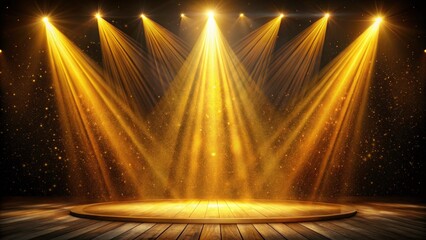 A lone, golden beam pierces the theatrical darkness, highlighting an empty stage in long exposure.