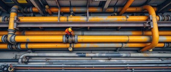 Worker Inspecting Bright Yellow Industrial Pipes in a Facility