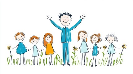 Fototapeta premium Happy Family Illustration with Stick Figures and Flowers in a Cheerful Outdoor Scene