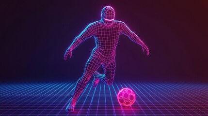 Obraz premium Futuristic Neon Soccer Player in Dynamic Action with Grid Background
