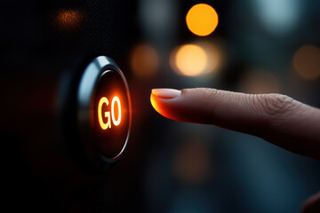 Finger Pressing Go Button Orange Light Modern Interface Action Start Technology Business Fair-Skinned Hand