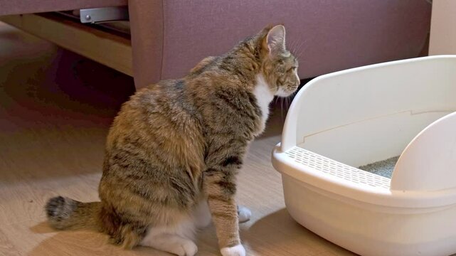 tricolor domestic cat sniffs a litter tray. homeless cat is being trained to use a litter box in an apartment.