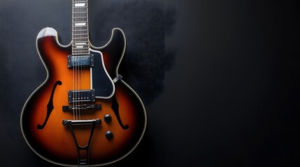 Obraz premium A Sunburst Hollowbody Electric Guitar Against Dark Background