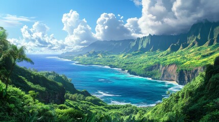 Obraz premium Lush Tropical Coastline Meets Turquoise Ocean Under Dramatic Cloudscape.