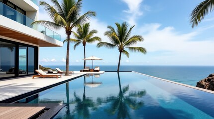 Fototapeta premium Luxury Villa With Infinity Pool Overlooking the Ocean on a Sunny Day