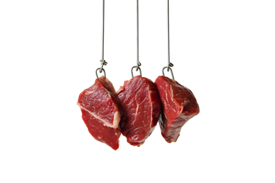 raw beef meat pieces on the metal hook on transparent background