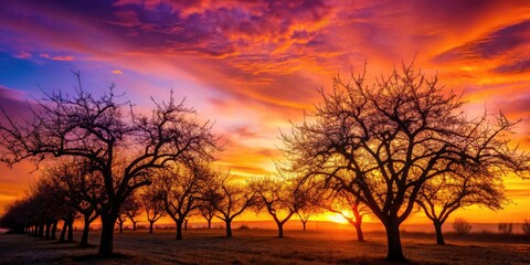 Fototapeta premium Autumn's fiery hues bathe a silhouetted apple orchard in a breathtaking dusk scene.