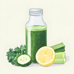 Minimalist illustration of green detox juice in a glass bottle featuring kale, celery, cucumber, and lemon to support a healthy detox routine