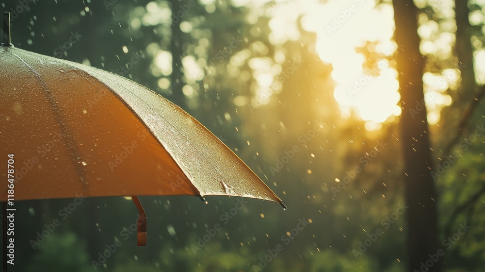 Poster rain gently falling on a bright yellow umbrella nestled in a serene forest during the enchanting gol