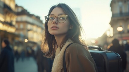 Obraz premium Cityscape Confident: A young woman with a determined gaze, framed by clear glasses, walks confidently through the bustling city, showcasing a sense of self-assurance and urban exploration. 