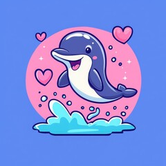 Naklejka premium Adorable Cartoon Dolphin Leaping Splashing Water Pink Hearts Background Cute Marine Animal