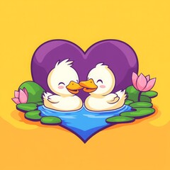 Adorable Cartoon Ducklings in Love Heart Shaped Pond Romantic Illustration