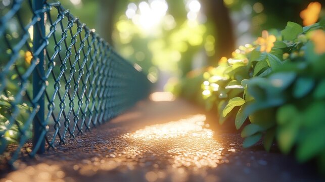 Sunlit path with chain-link fence and lush greenery. - Powered by Adobe