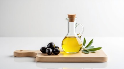 Clear Glass Oil Bottle and Fresh Olives on a Wooden Cutting Board