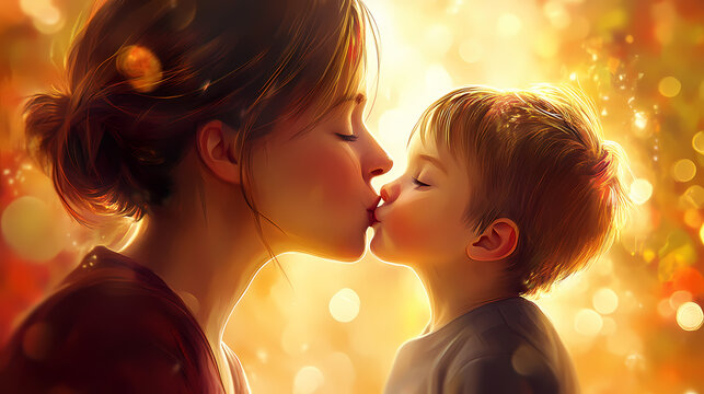 A tender moment of affection, a mother gently kisses her young son on the cheek, a warm and loving gesture, set against a blurred background. Shimmerfall. Illustration