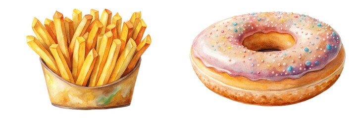 Colorful watercolor illustration, delicious fast food, crispy French fries, sweet donut, vibrant dessert, food art.
