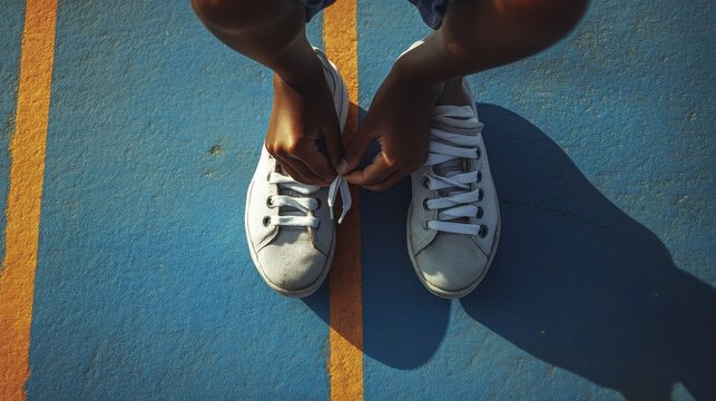 Cropped photo of a young boy tying his sports shoes on the court - Powered by Adobe