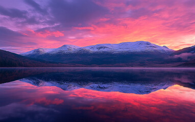 Fototapeta premium Vibrant sunrise reflecting over snowy mountains and tranquil lake
