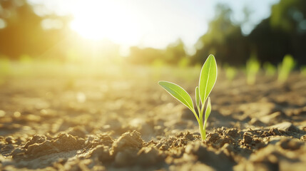 Verdant seedling emerging from rich earth, golden sunset light illuminating delicate green growth promising regeneration