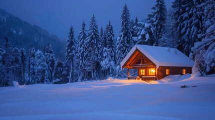 A quiet cabin glowing warmly in the cold solstice night surrounded by snow