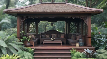 Serene Wooden Gazebo Amidst Lush Tropical Foliage